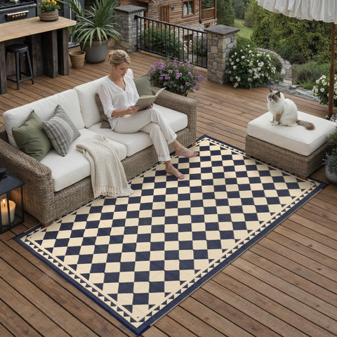 HUGEAR outdoor rug on patio, weatherproof and reversible for year-round use.