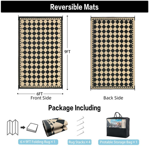 HUGEAR black and beige outdoor rug, reversible design offers two looks for decks.