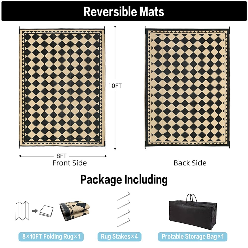 HUGGEAR rug in black and beige, reversible for outdoor or indoor use.