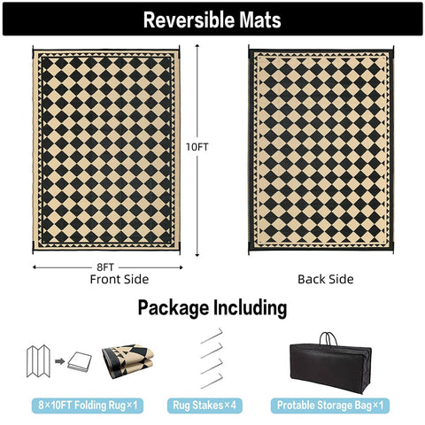 HUGGEAR rug in black and beige, reversible for outdoor or indoor use.