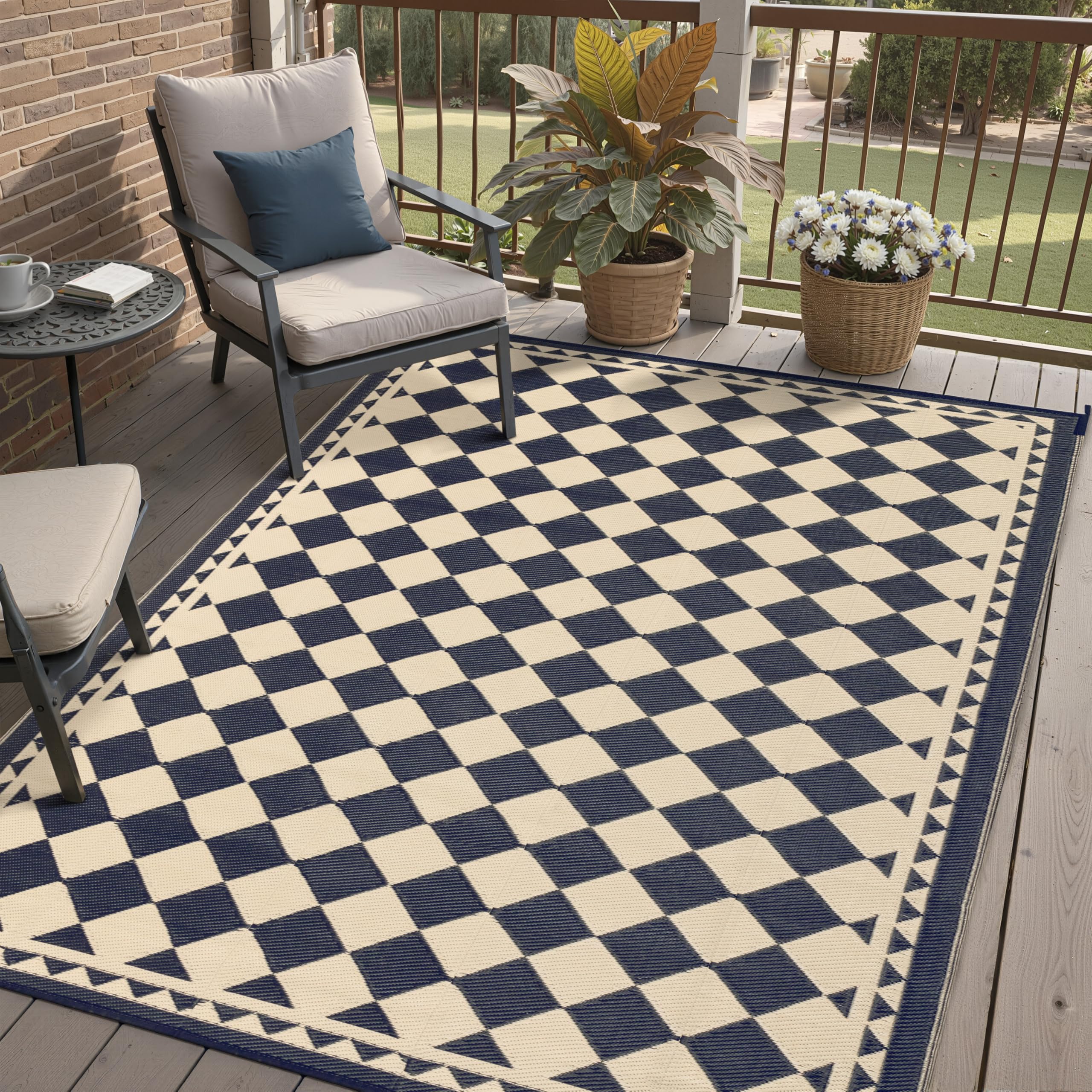 HUGEAR checkered outdoor rug on a sunny patio, durable waterproof surface for high-traffic areas.