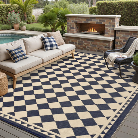 HUGEAR checkered black and beige outdoor rug for patios