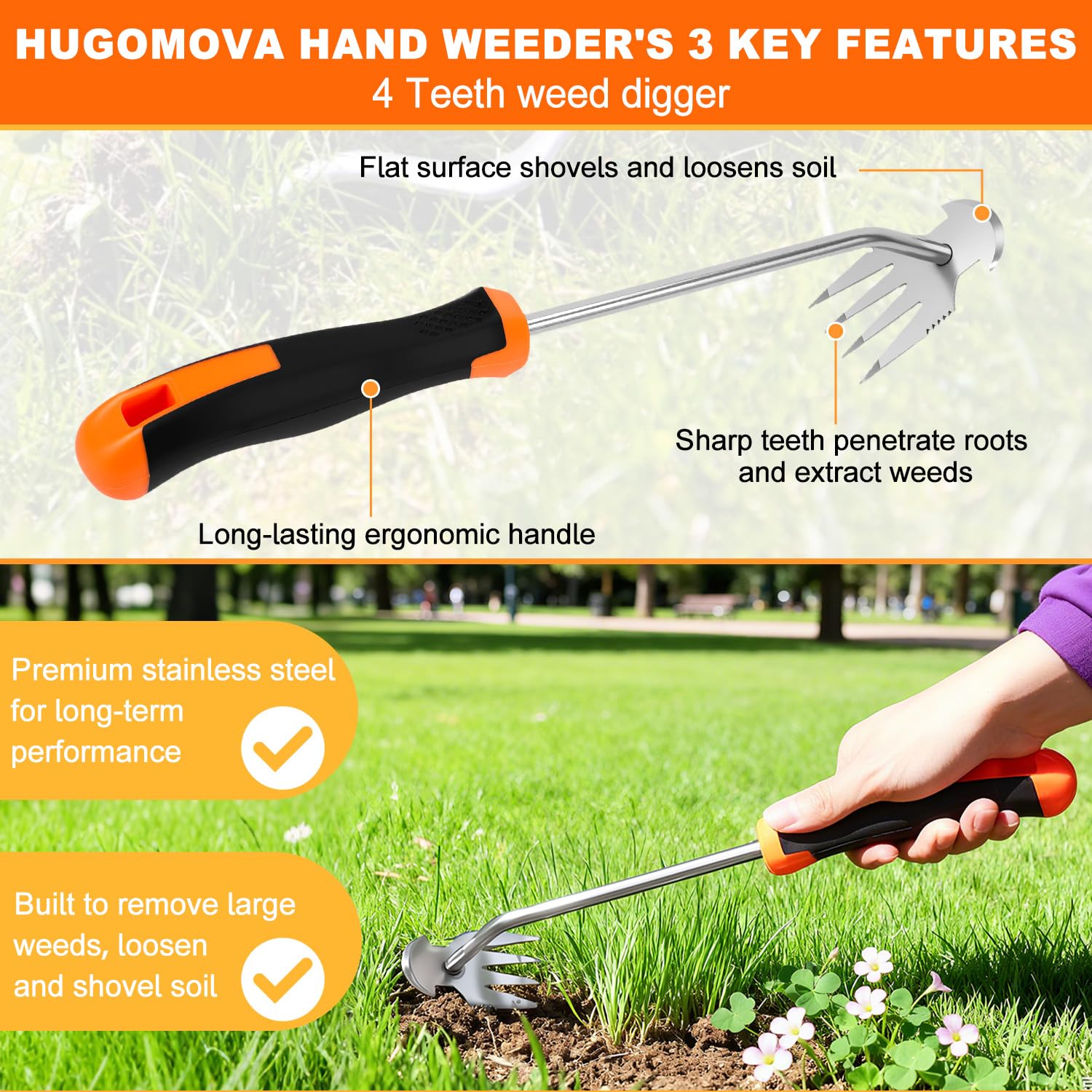 HUGOMOVA multi-purpose weeder ideal for loosening soil and roots.