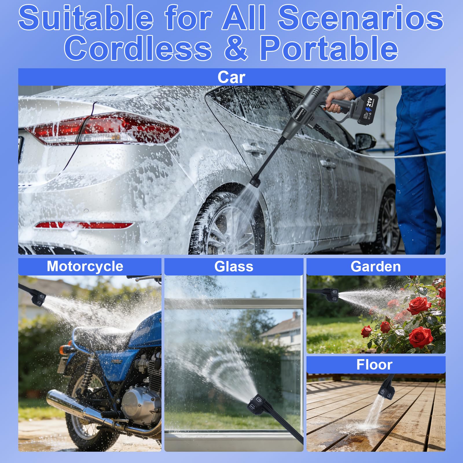 Huhomco cordless washer in outdoor use on cars and patios.