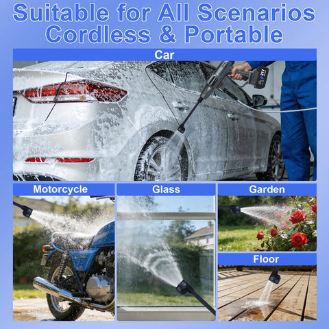Huhomco cordless washer in outdoor use on cars and patios.