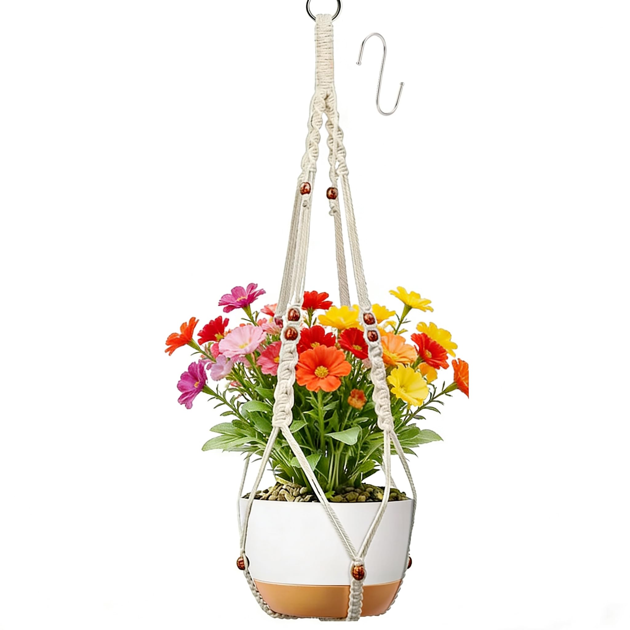 HUIHONGHOME 35-inch macrame plant hanger displays multiple pots for stylish wall display.