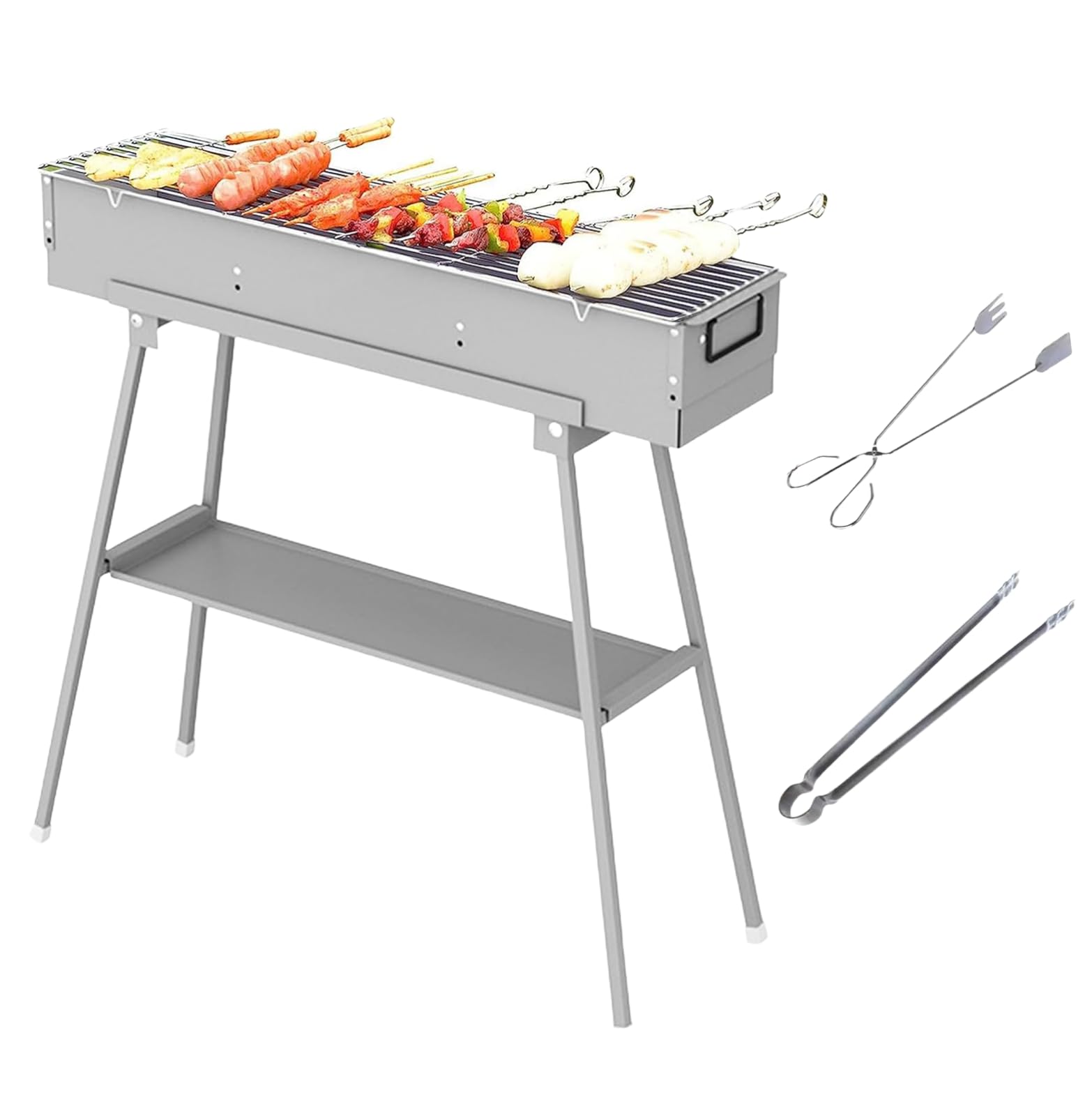 Huipla portable charcoal grill with foldable stand for easy transport.