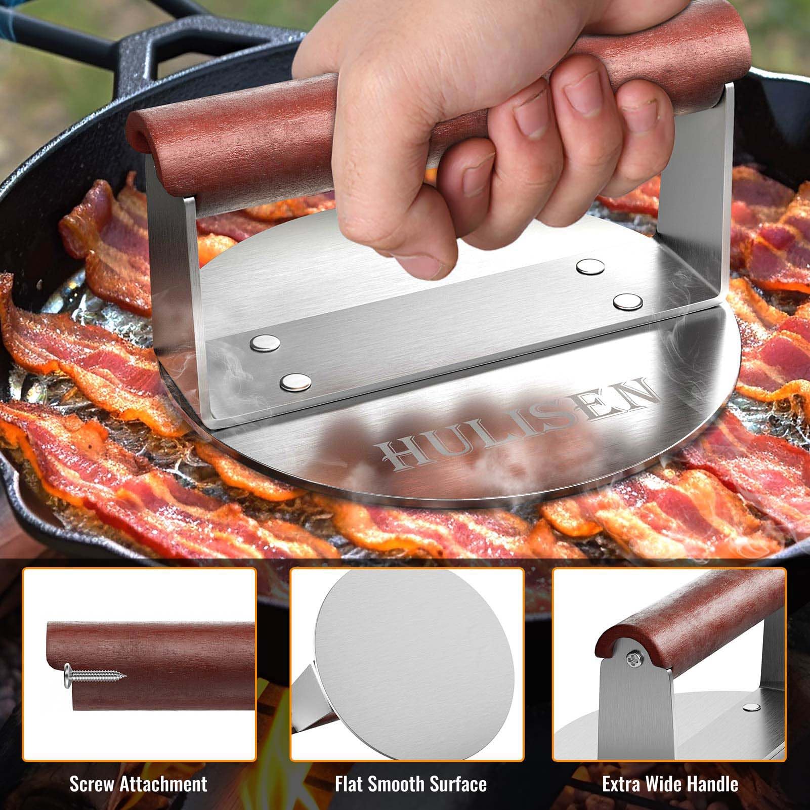 HULISEN 6-inch burger press flat surface reduces splatter on the cooktop.