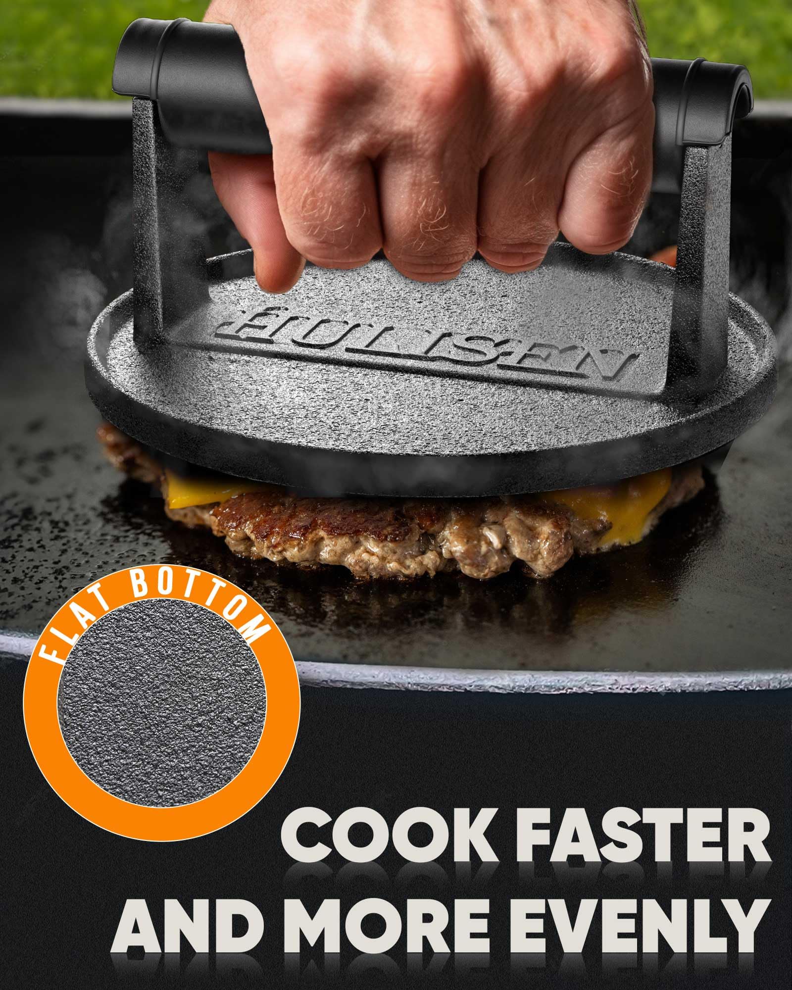 HULISEN bacon press flattens strips for quicker, evenly cooked results.