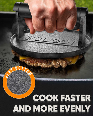 HULISEN bacon press flattens strips for quicker, evenly cooked results.