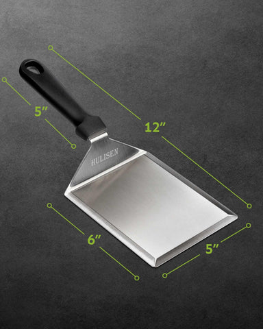 HULISEN brushed stainless steel spatula shows durable, everyday grilling capability.