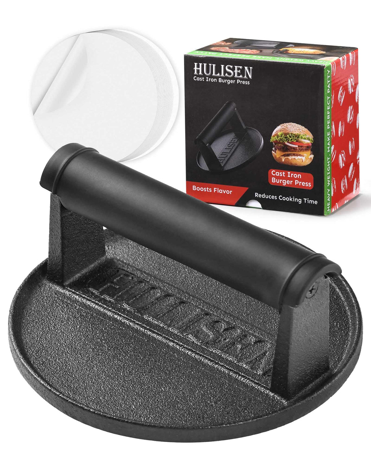 HULISEN burger press 6-inch diameter for uniform patties on grill.