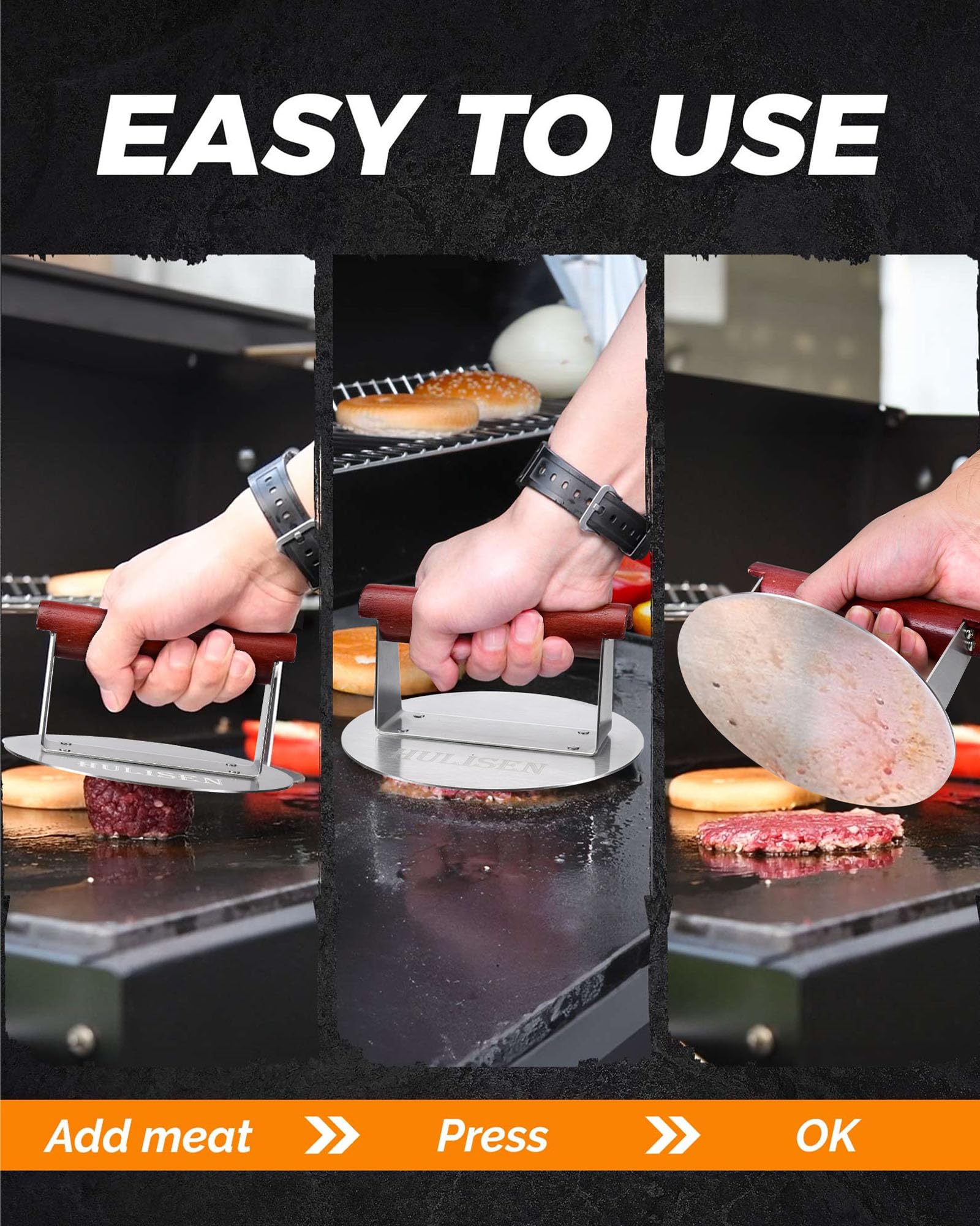 HULISEN press compatible with cast iron pans for restaurant-quality results.