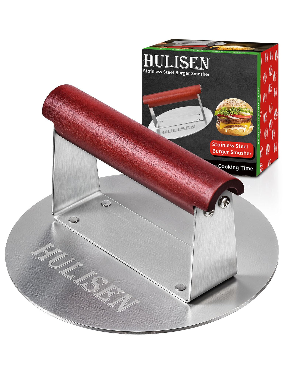 HULISEN burger press with extra-wide handle for secure, burn-free smashing.
