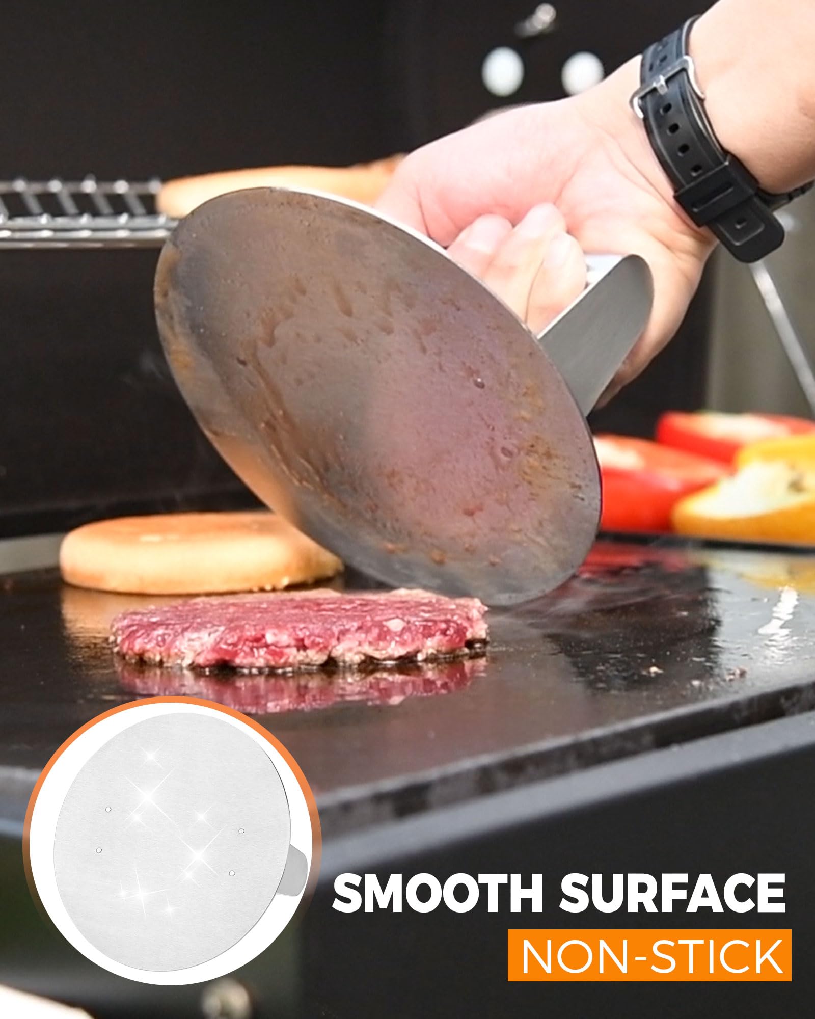 HULISEN burger press assists flipping and smashing for paninis and cheeseburgers
