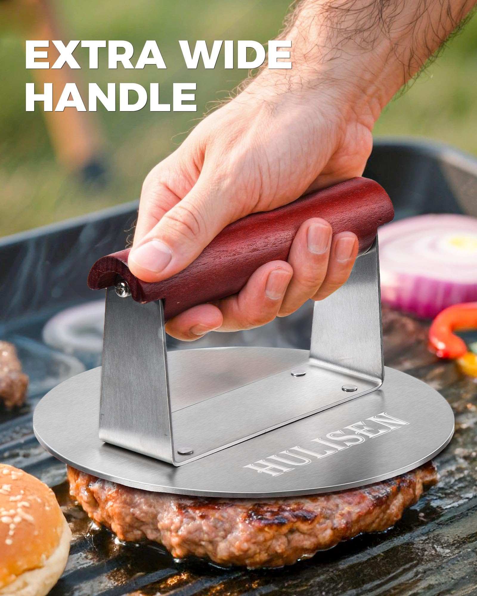 HULISEN burger press features heat-resistant wood handle for comfortable grip.