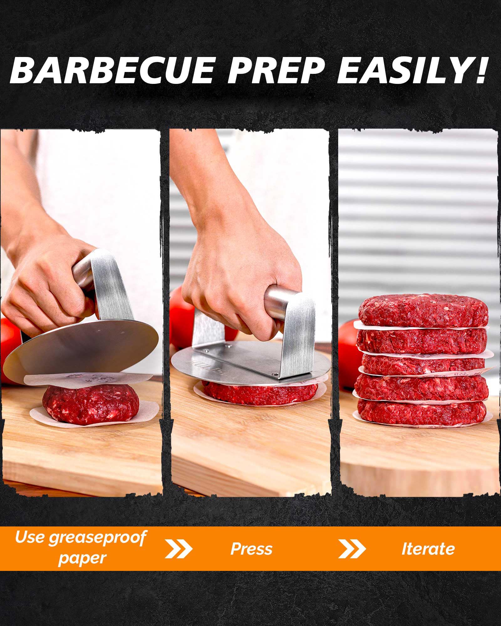 HULISEN burger press features a laser-welded handle for a firm grip