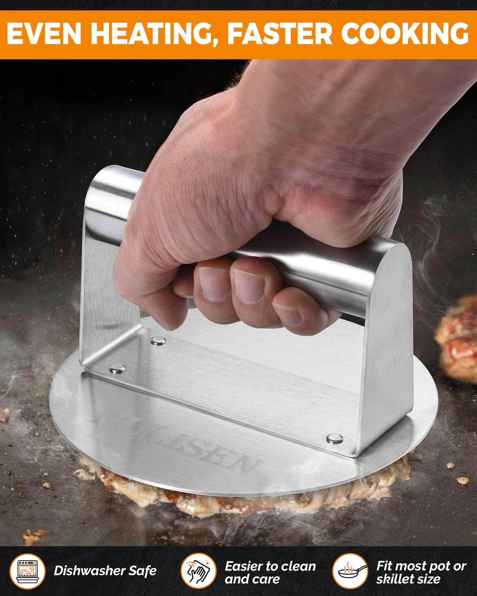 HULISEN burger press on griddle delivering fast, uniform searing for juicy burgers
