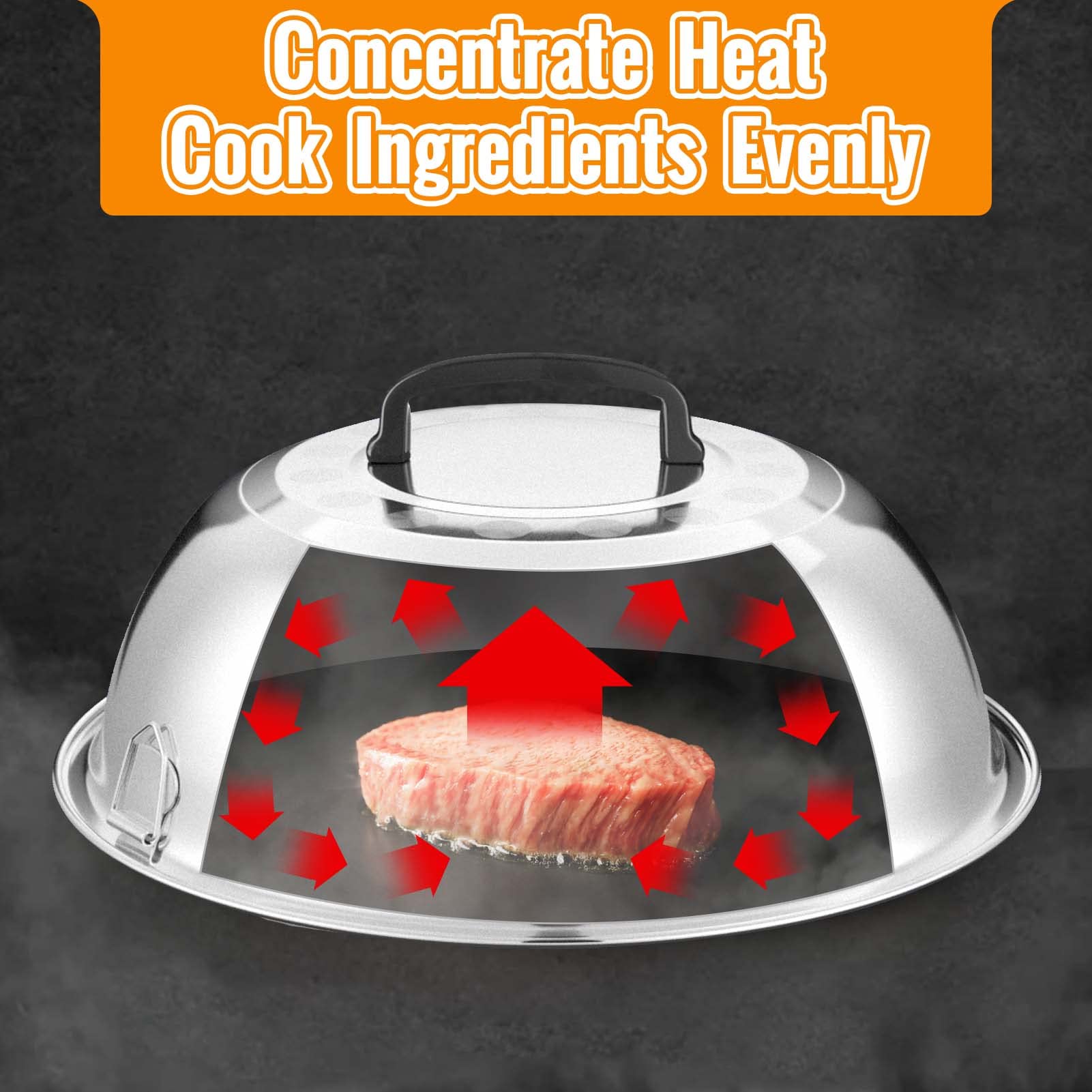 HULISEN 12-inch dome covers burgers and vegetables for even, faster cooking.