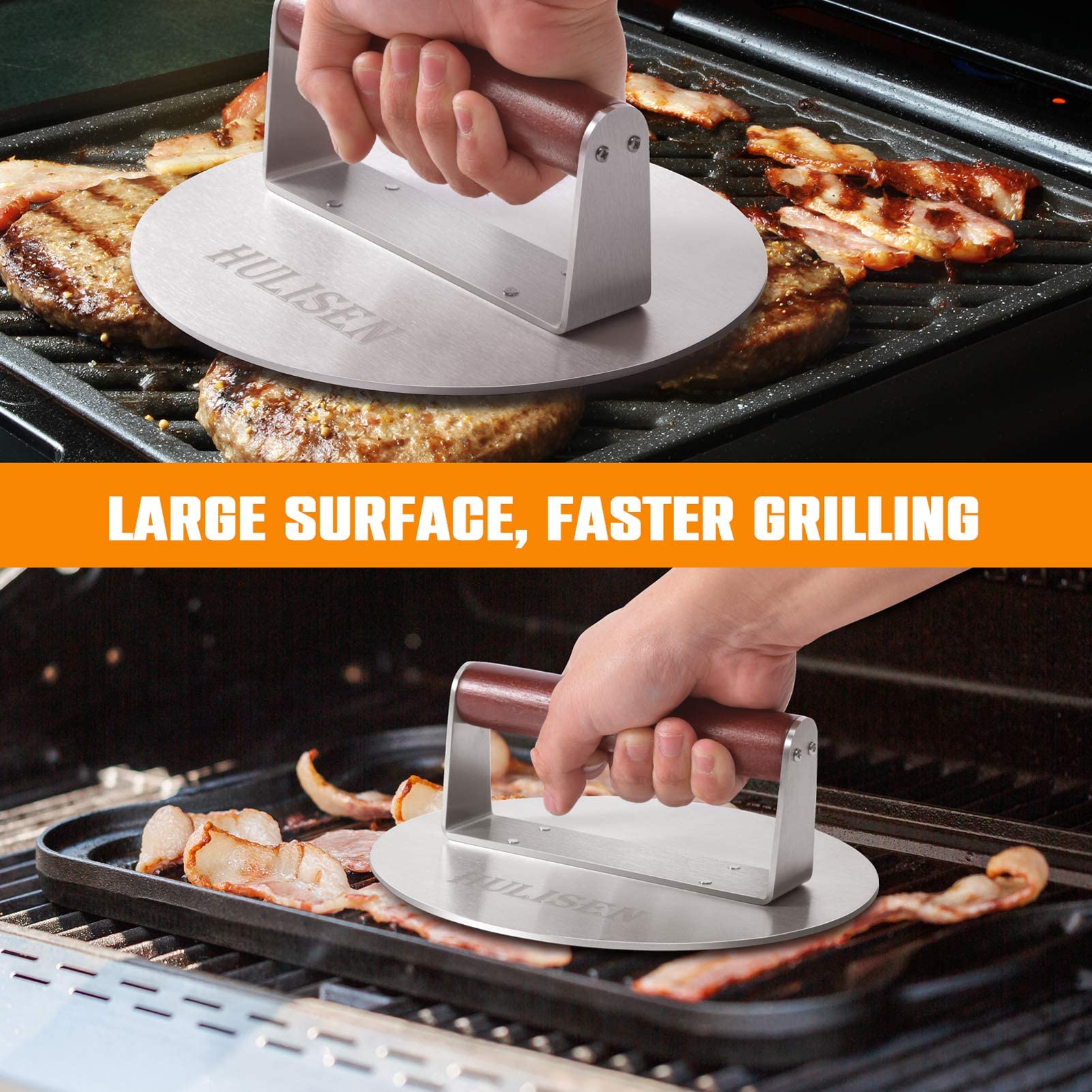 HULISEN flat bacon press helps produce uniform contact and crispiness.