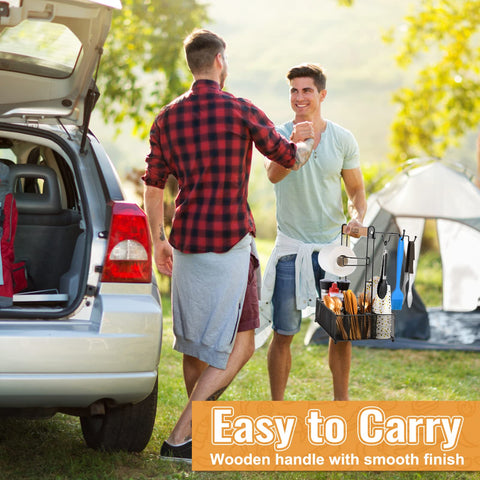 HULISEN Grill Caddy features a sturdy wooden handle for convenient carrying.