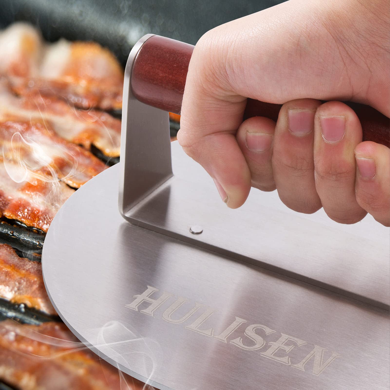 HULISEN grill press with cool-touch wood handle for safe, comfortable use.