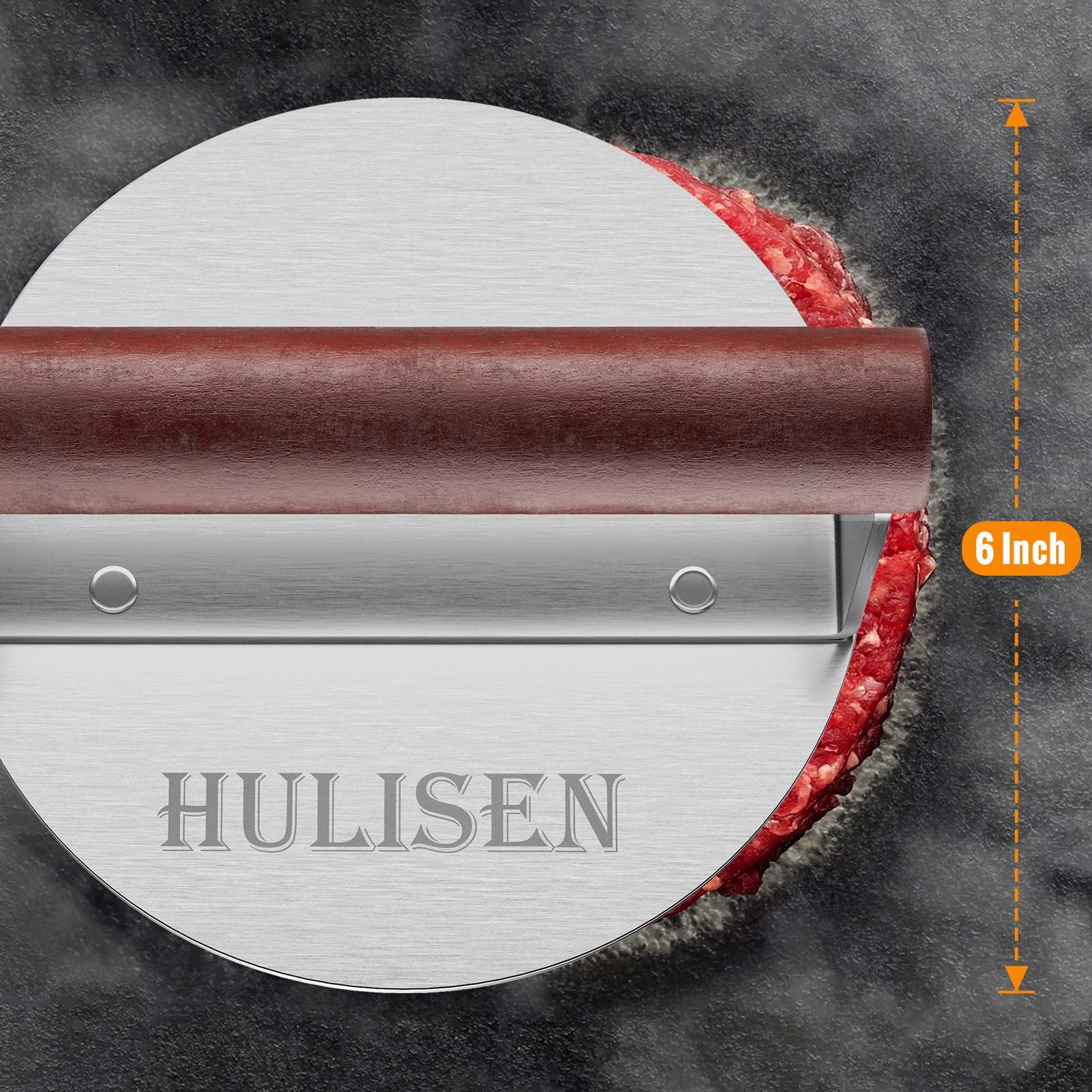 HULISEN heavy-duty BBQ press stands up to outdoor grilling.