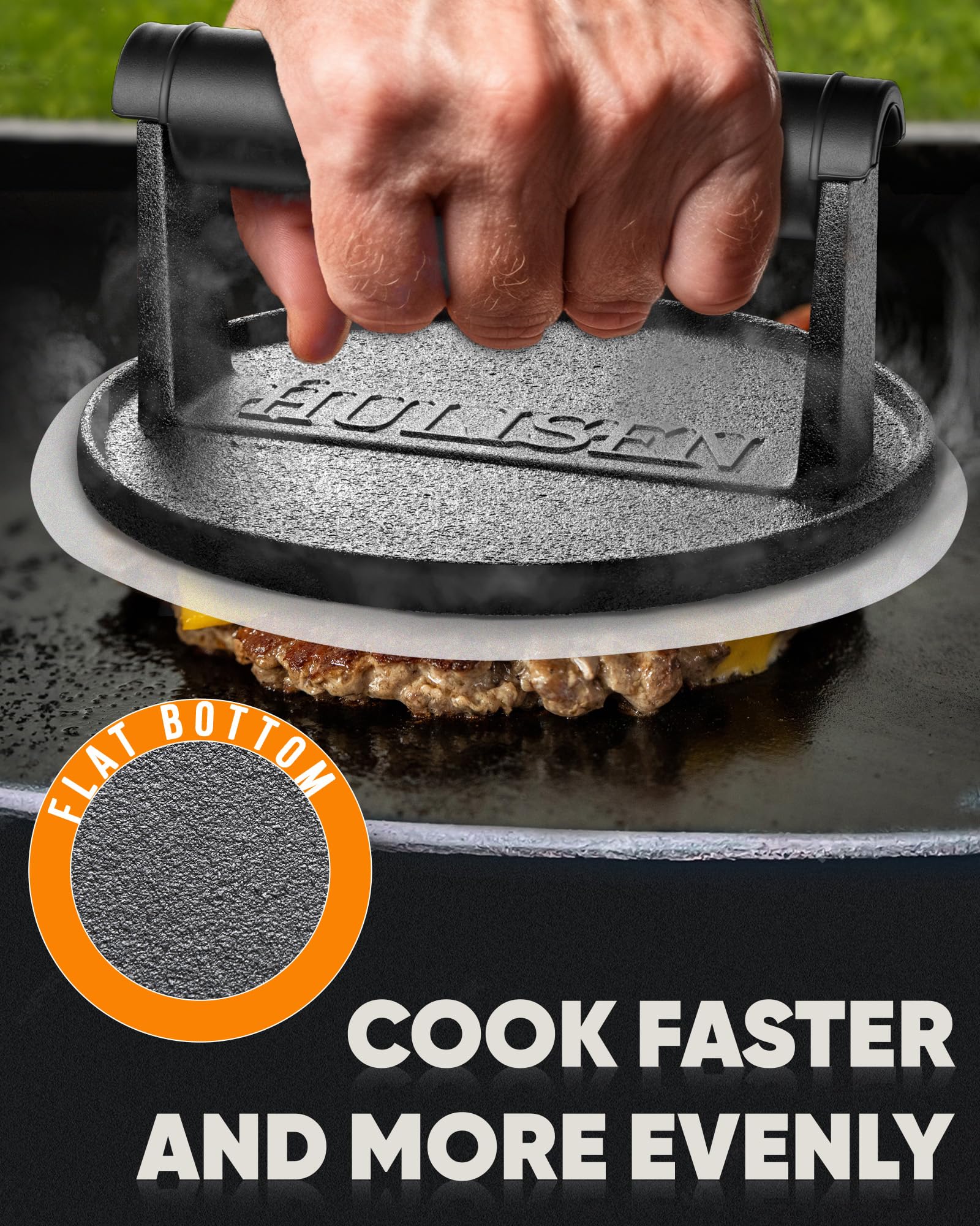 Heavyweight cast iron press delivers fast searing and even browning with HULISEN.