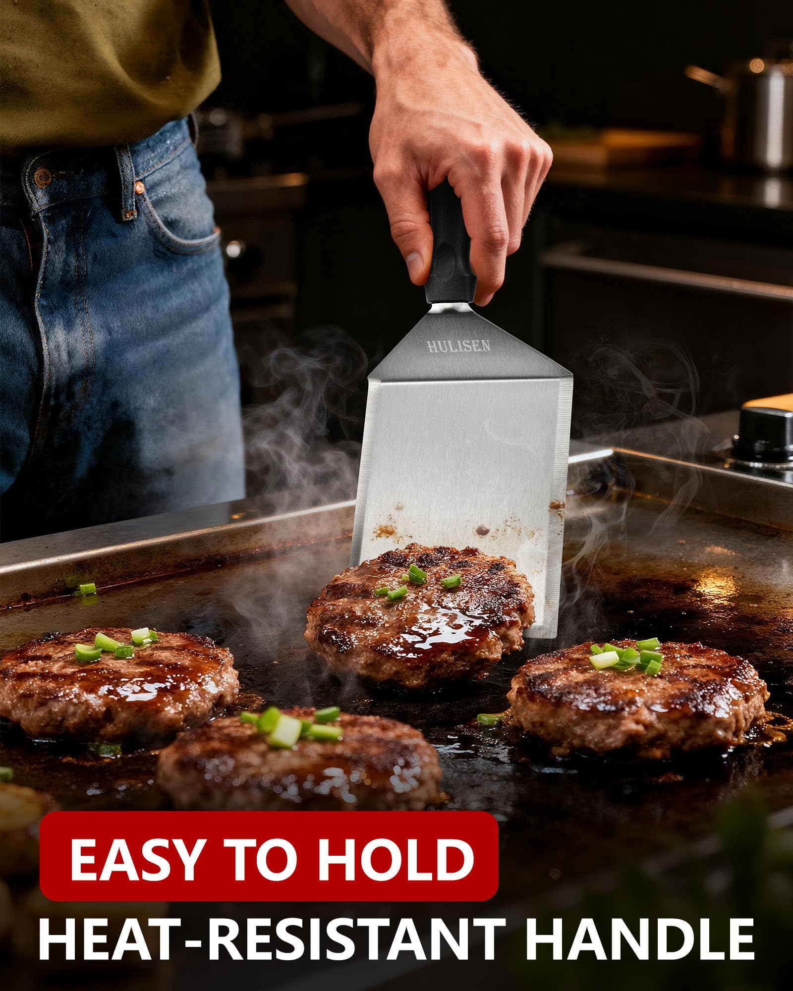 HULISEN spatula cutting-edges allows precise searing and shaping burgers.