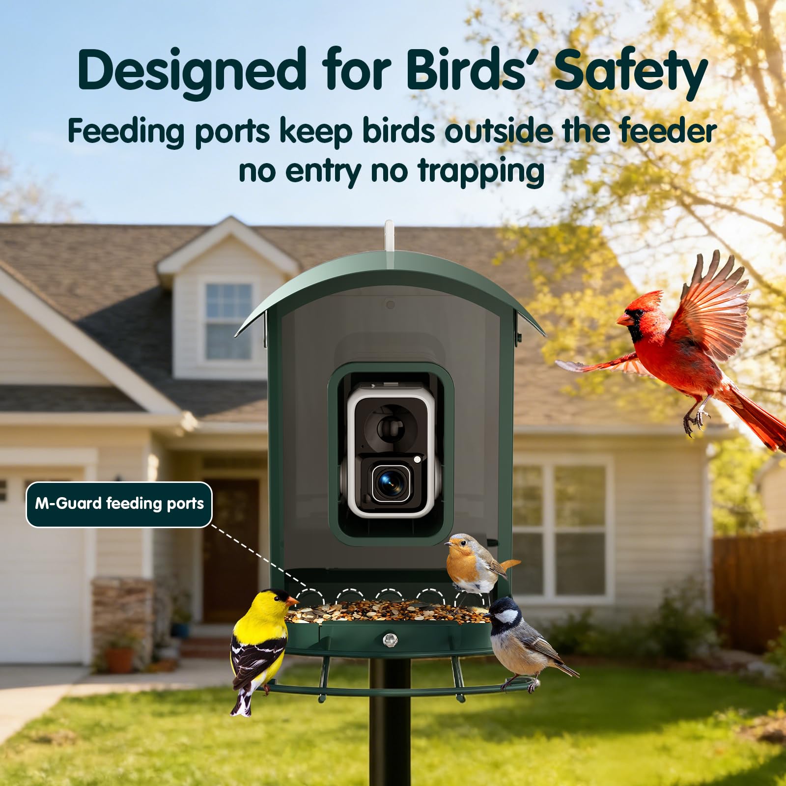 M-Guard design keeps birds outside the seed container for safety.