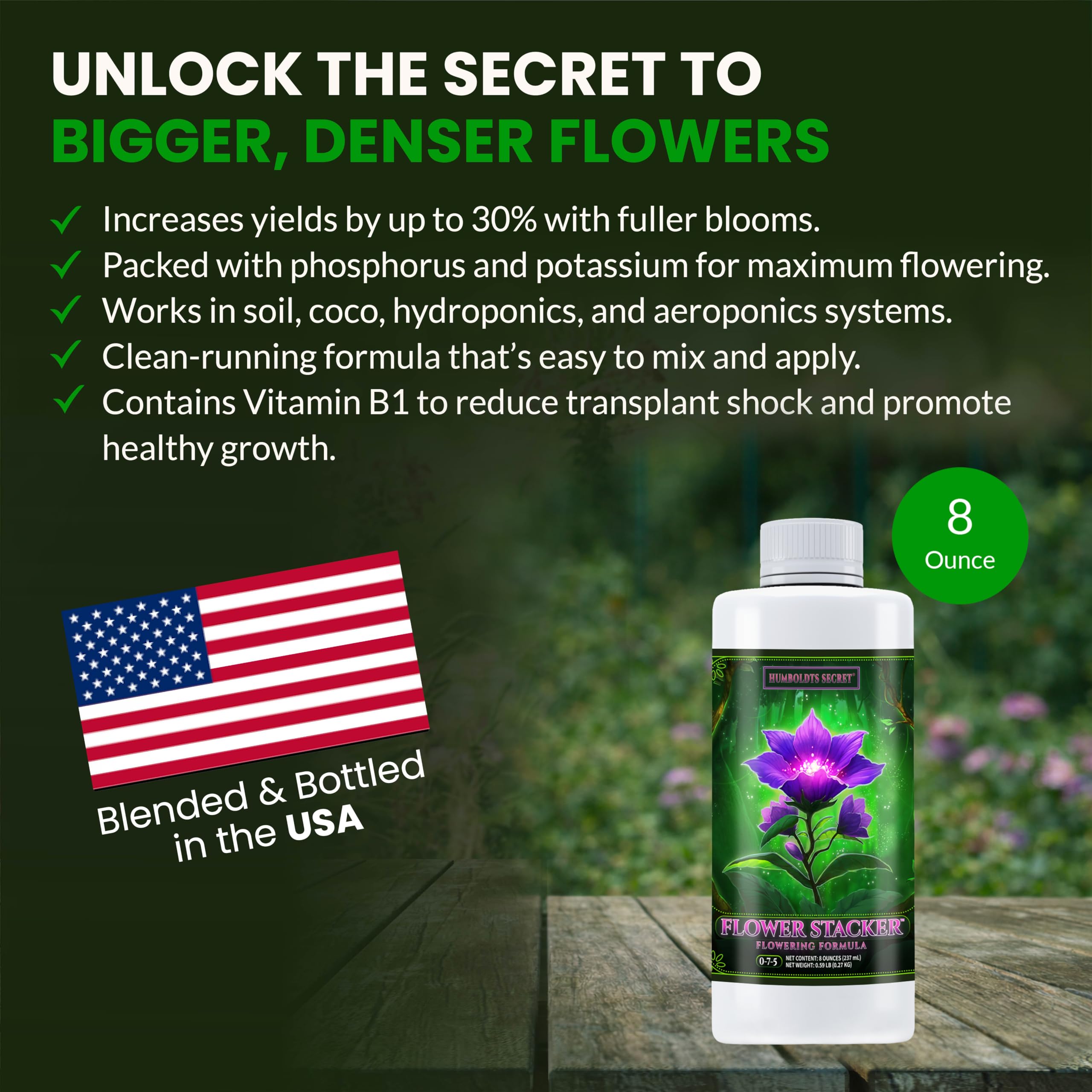 Humboldts Secret 0-7-5 bloom formula shows phosphorus and potassium timing