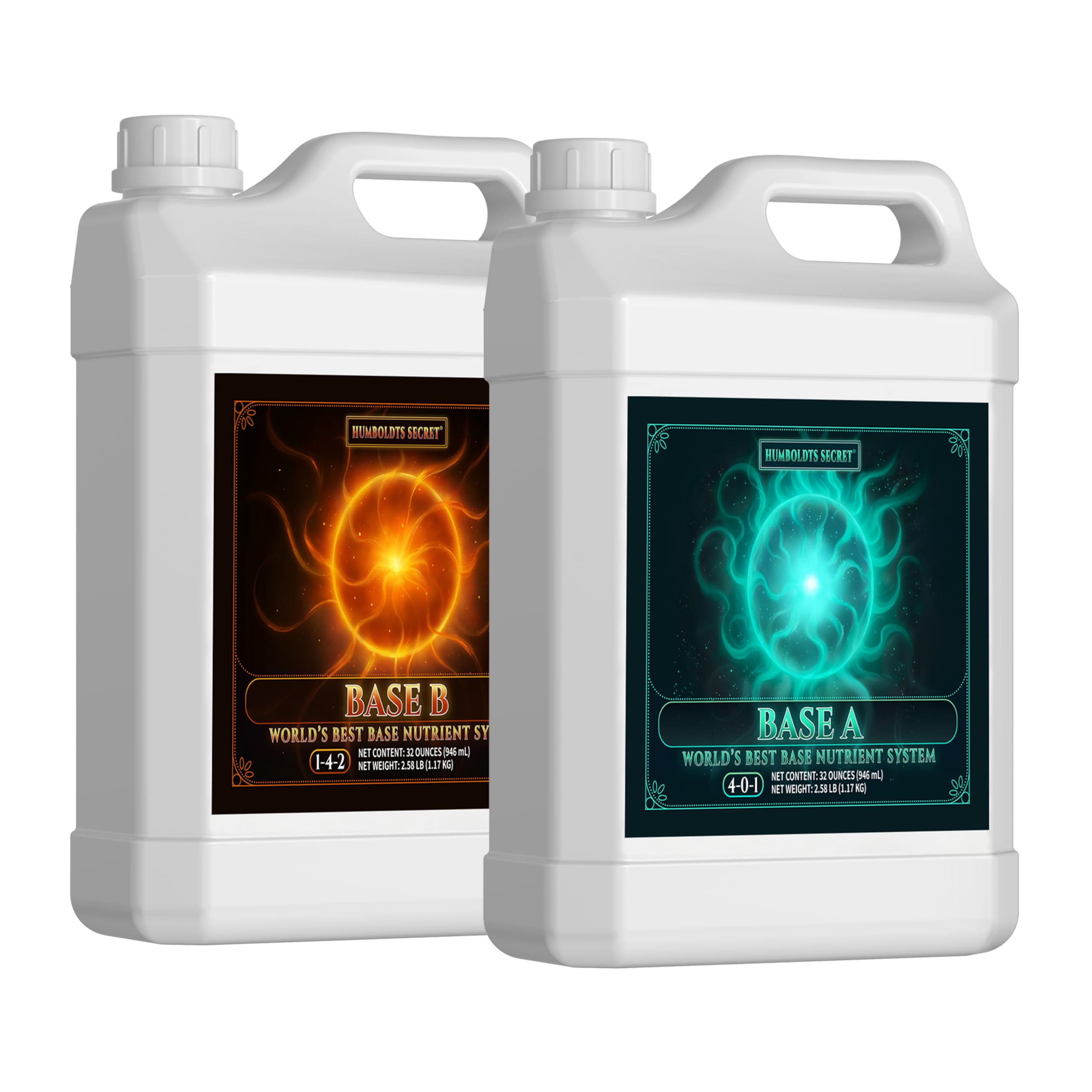 Humboldts Secret Base A & B bottle front showing two-part nutrients for steady plant growth.