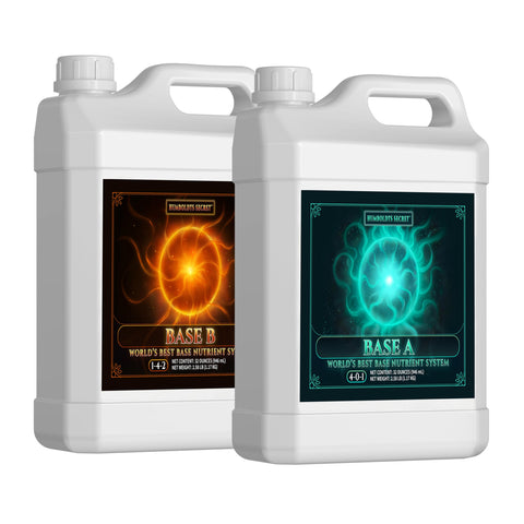 Humboldts Secret Base A & B bottle front showing two-part nutrients for steady plant growth.
