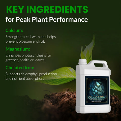 CalMag Iron label detail with guidance for soil, coco, and hydroponics uses.
