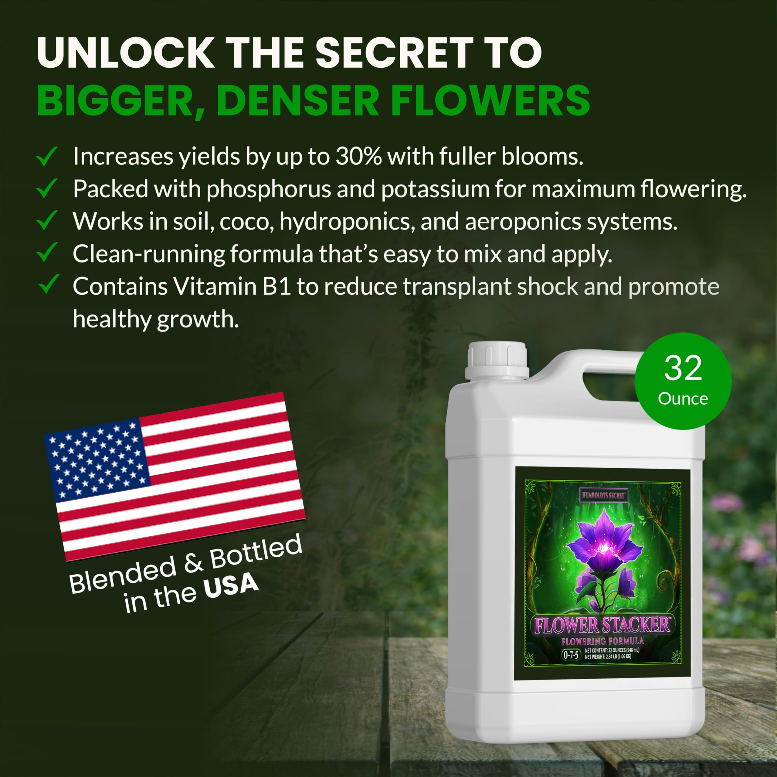 Humboldts Secret Flower Stacker label with clear bloom nutrition