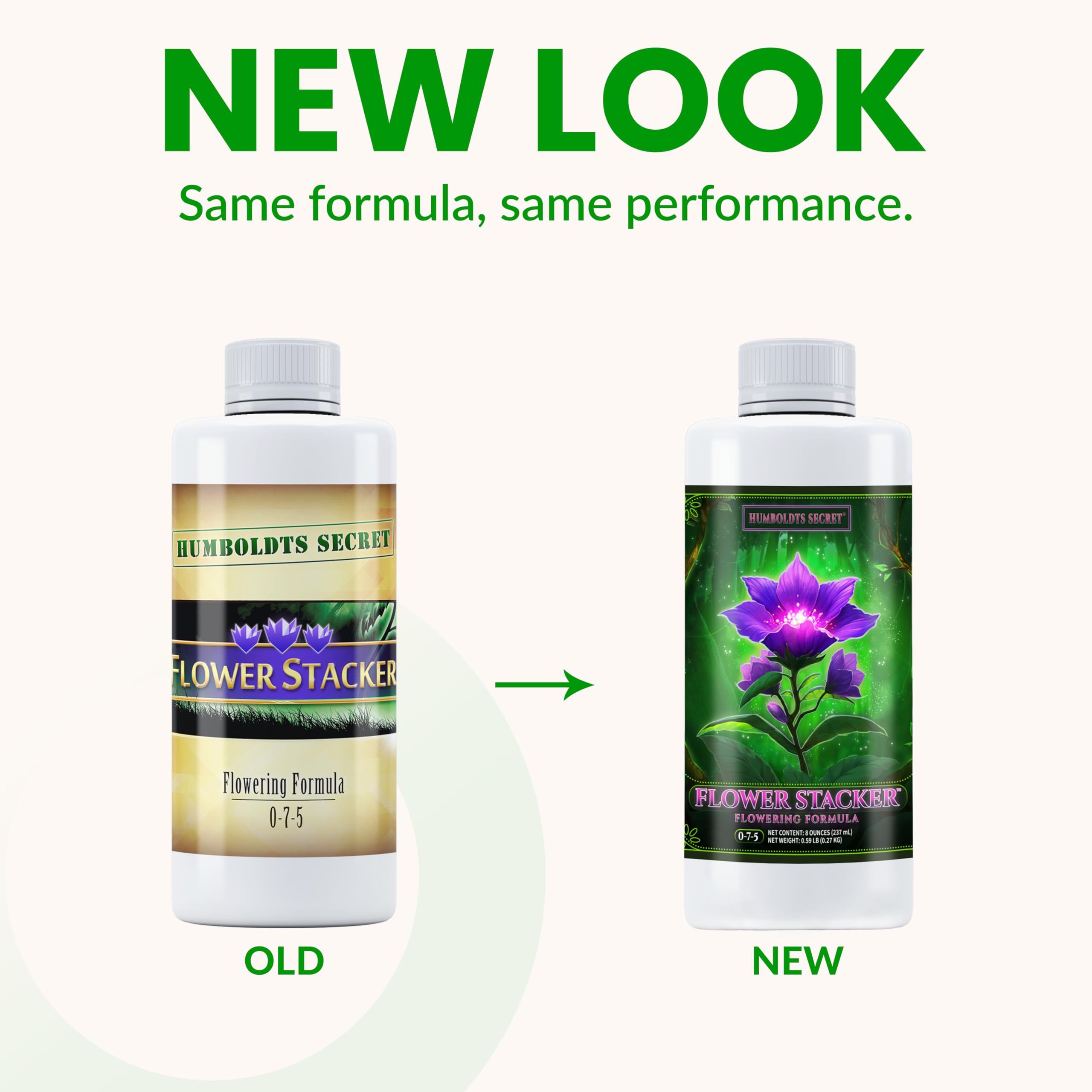 Humboldts Secret Flower Stacker label shows dosing for steady results