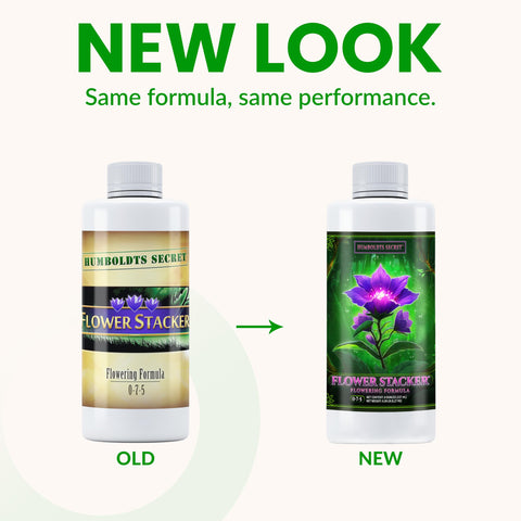 Humboldts Secret Flower Stacker label shows dosing for steady results