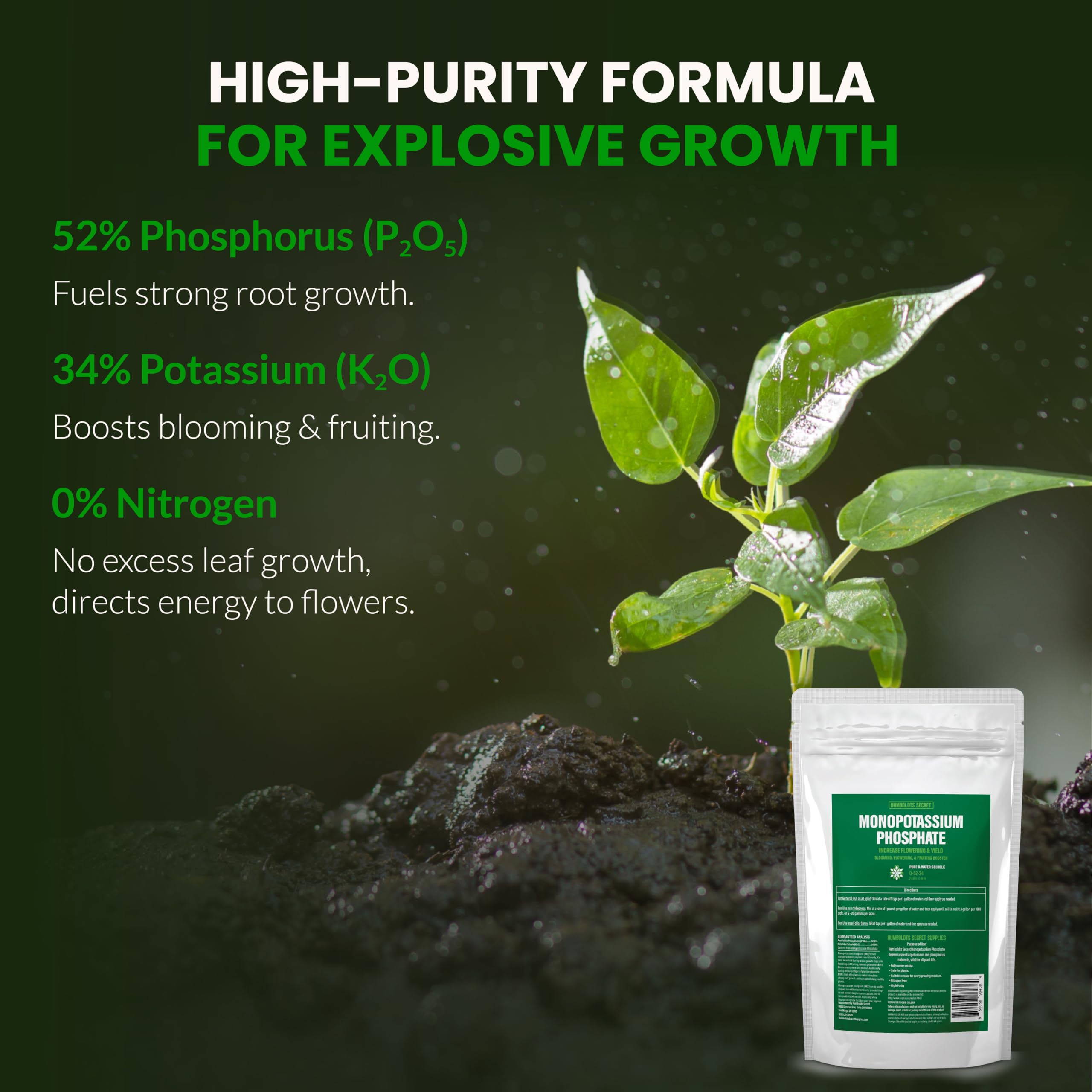 Humboldts Secret MKP 05234 water-soluble formula dissolves quickly for feeding.