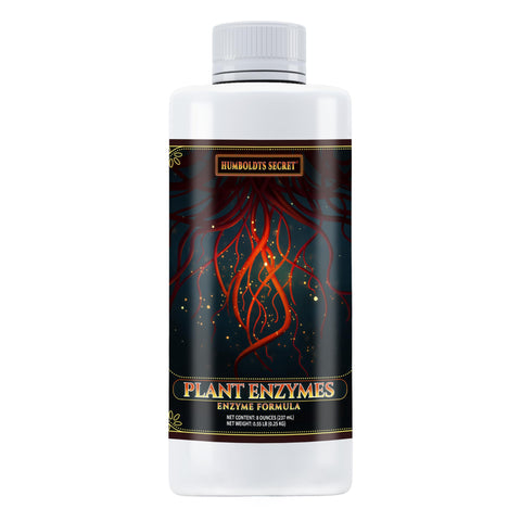 Humboldts Secret Plant Enzymes bottle close-up for concentrated growth support.