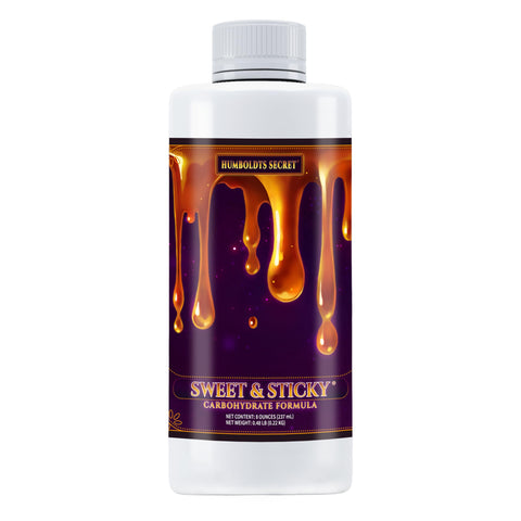 Humboldts Secret Sweet & Sticky bottle being poured for plant energy boost