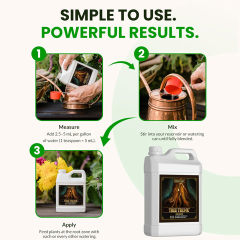 Humboldts Secret Tree Trunk dosage guide for easy mixing.