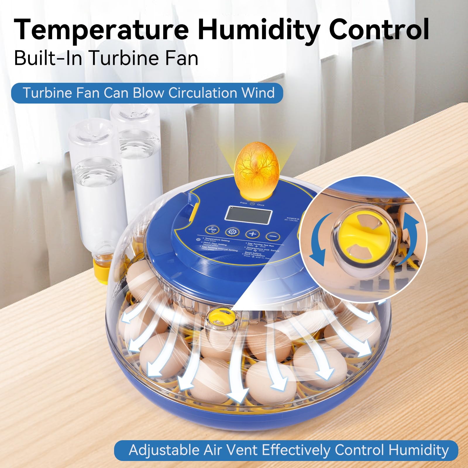 Humorrap 18-egg incubator candler light helps observe embryo development without opening.