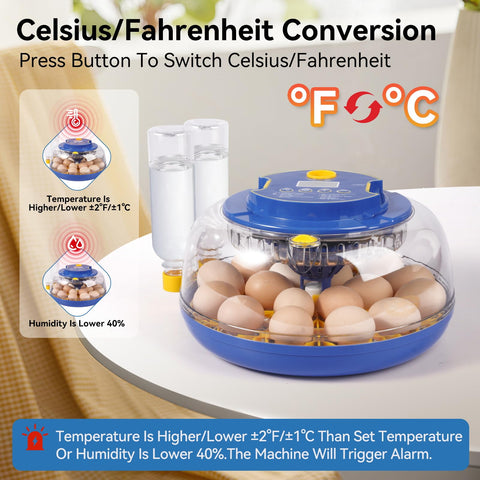Humorrap 18-egg incubator digital display shows temp and humidity at a glance.