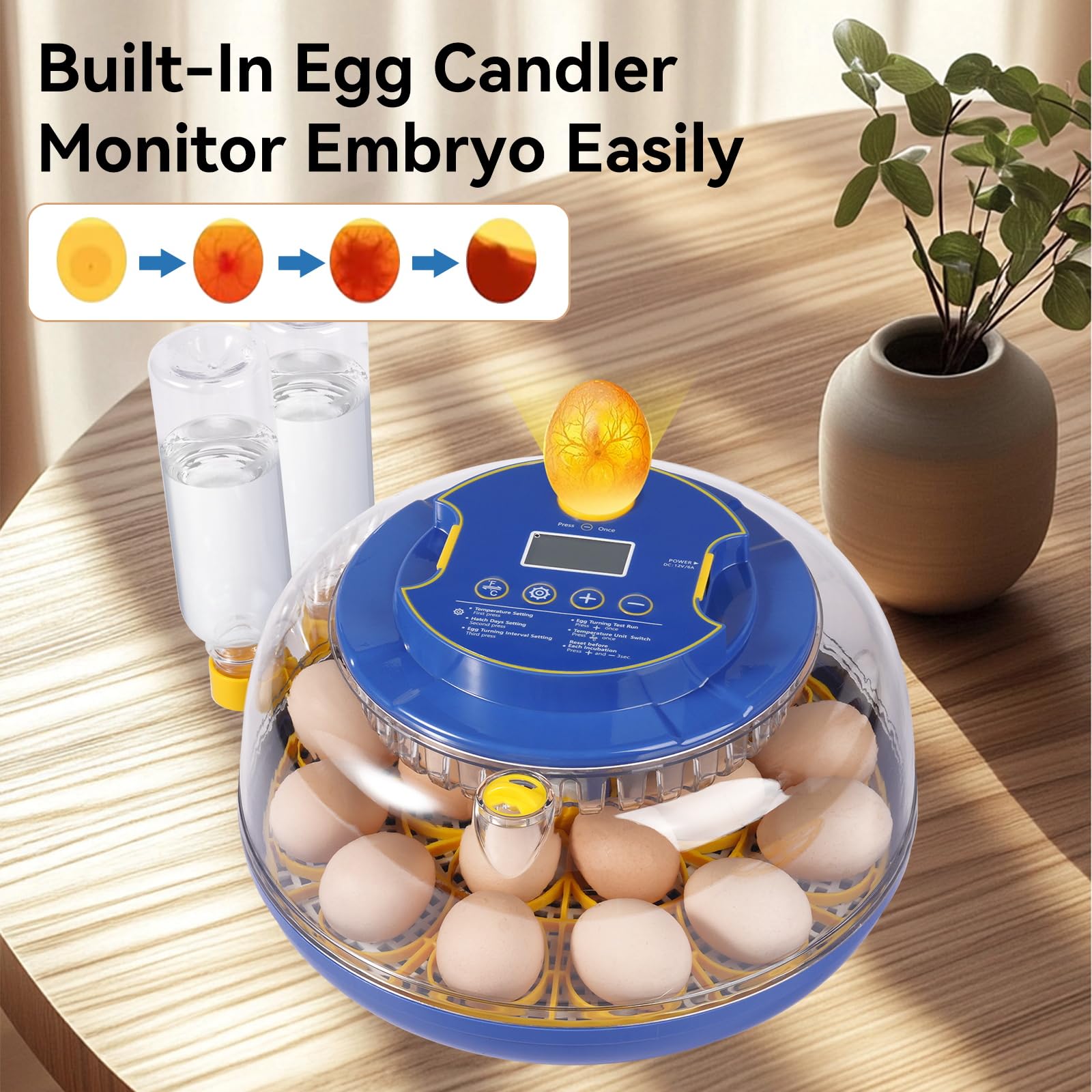 Humorrap 18-egg incubator temperature humidity control enables quick adjustments for different eggs.