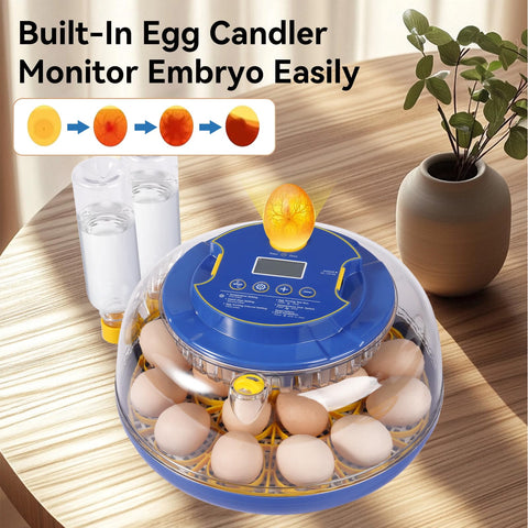 Humorrap 18-egg incubator temperature humidity control enables quick adjustments for different eggs.