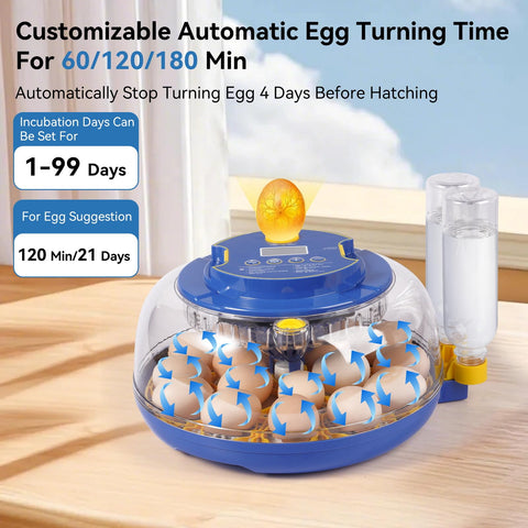 Humorrap 18-egg incubator turning mechanism gently rotates eggs to mimic natural turning.