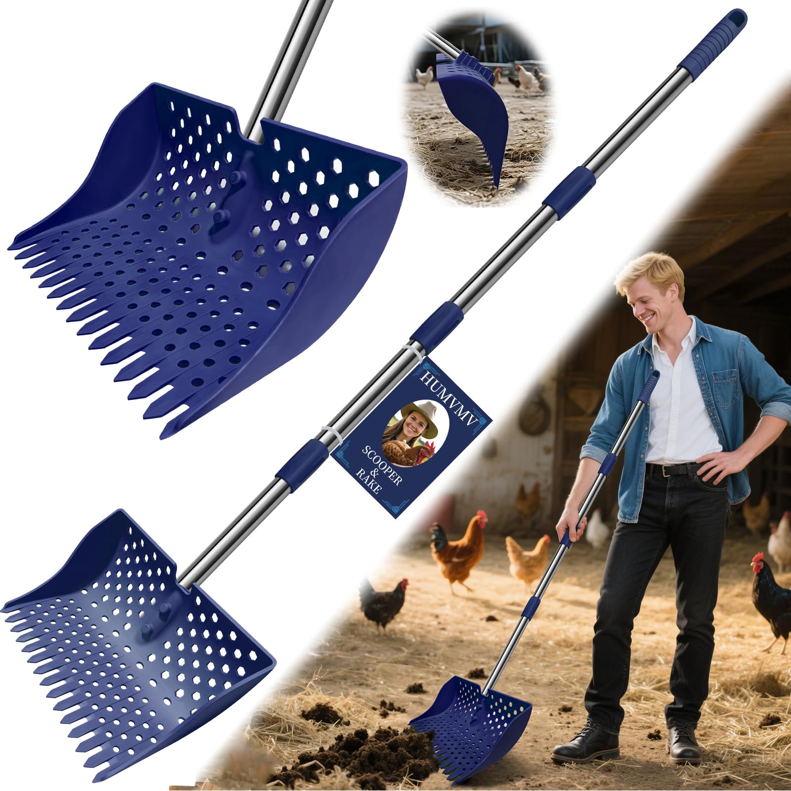 HUMVMV 12-inch 2-in-1 scooper and rake in blue for efficient waste separation in coops.