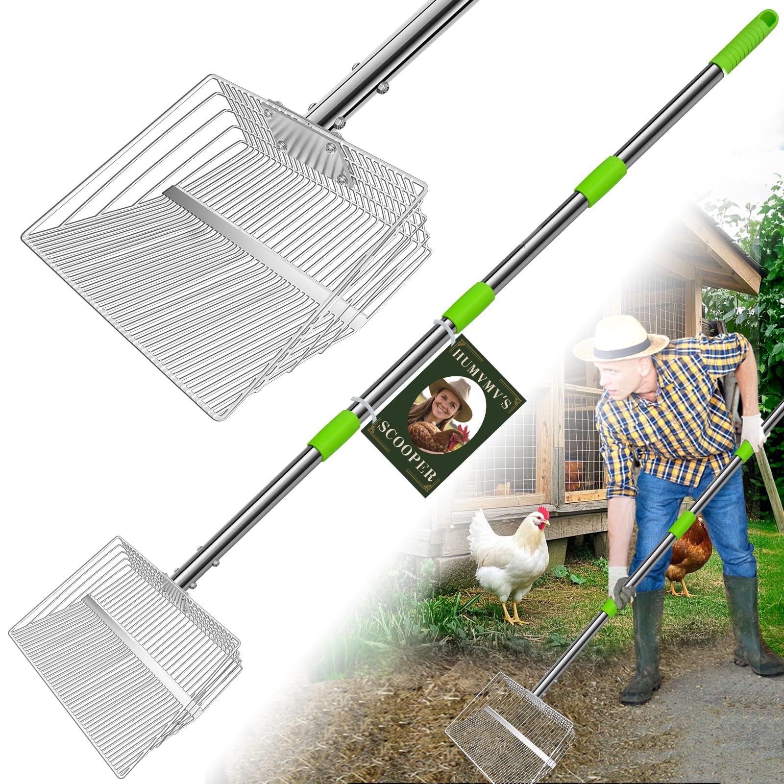 HumVMV 12inch large chicken poop scooper with ergonomic stainless steel handle for easy coop cleaning.