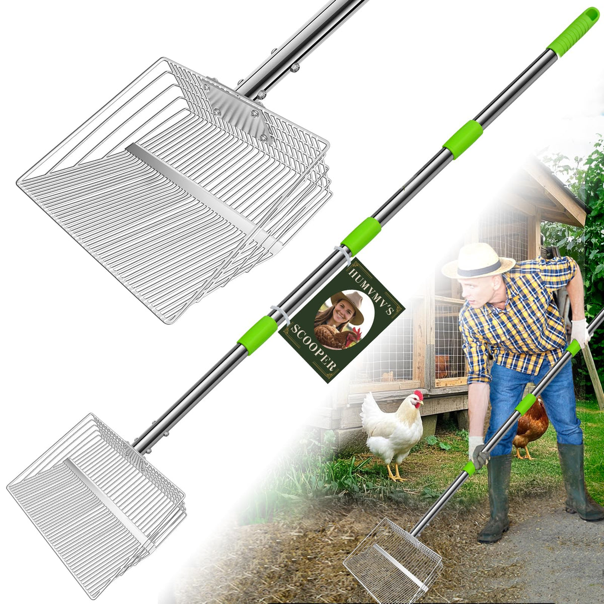 HumVMV 12inch large chicken poop scooper with ergonomic stainless steel handle for easy coop cleaning.