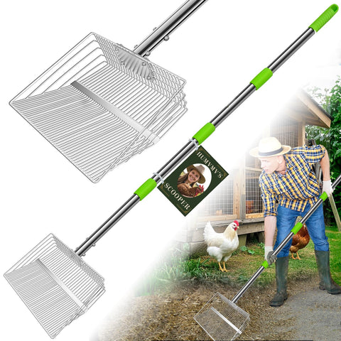 HumVMV 12inch large chicken poop scooper with ergonomic stainless steel handle for easy coop cleaning.